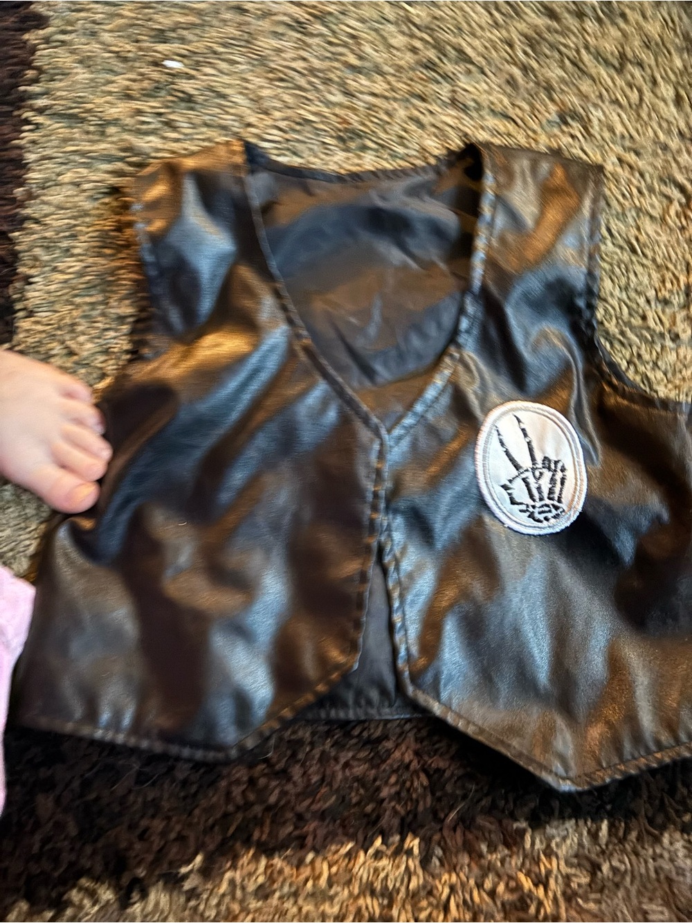 Kids Black Faux Leather Costume Vest with Skeleton Hand Patch